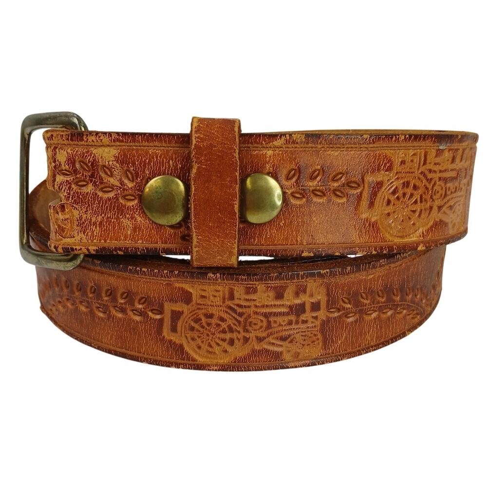 Men's SZ 36 Handcrafted Tooled Genuine Leather Belt Leaf Vines Farm Tractors 1"